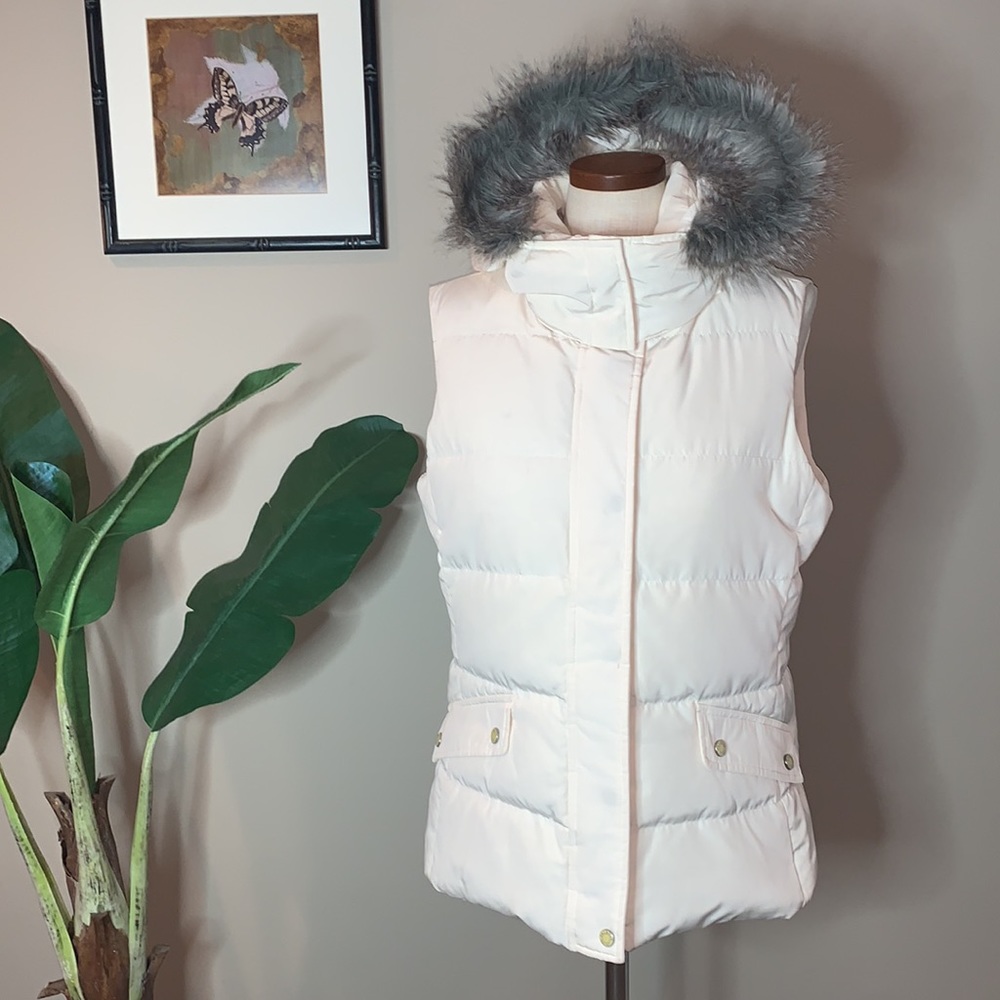 Talbots Quilted Duck Down Puffer Vest, Off White, Faux Fur Removable Hood, Sz S